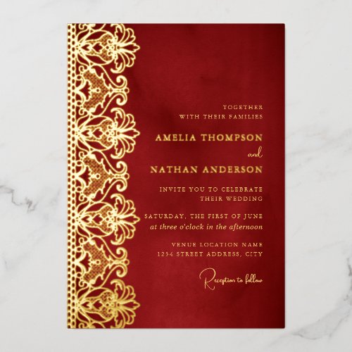 Elegant Red Gold Lace Wedding  Foil Invitation