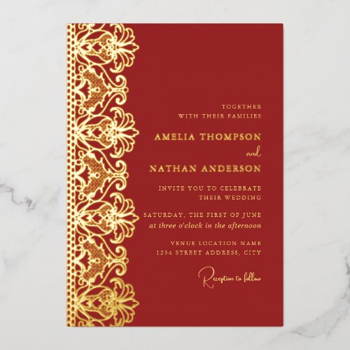 Elegant Red Gold Lace Wedding  Foil Invitation