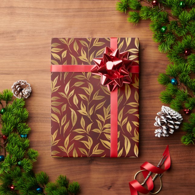 Elegant Red Gold Leaf Botanical Christmas  Wrapping Paper (Holiday Gift)