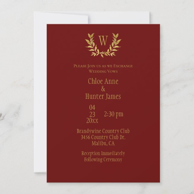 Elegant Red Gold Leaf Chic Monogram Wedding Invitation (Front)