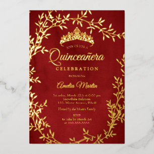 Elegant Red Gold Leaf Wreath Quinceanera Foil Invitation