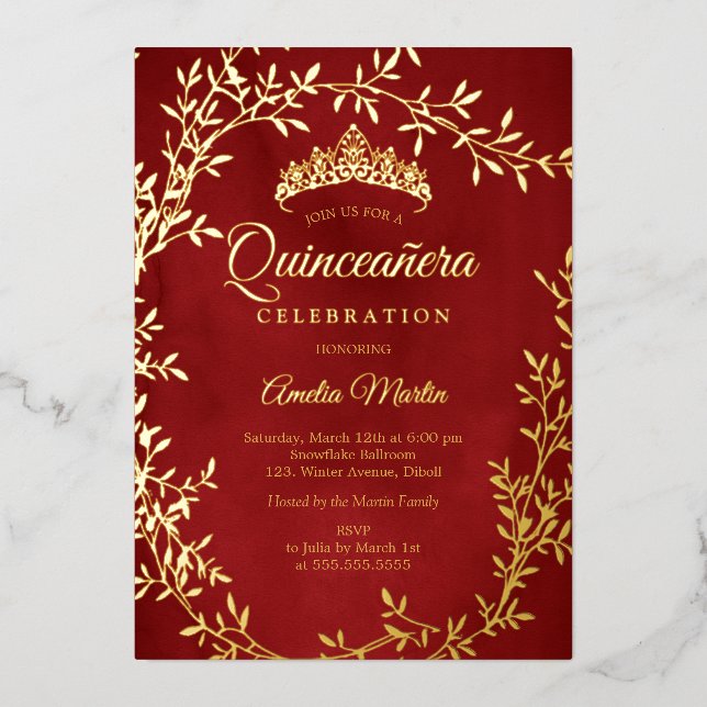 Elegant Red Gold Leaf Wreath Quinceanera Foil Invitation (Front)