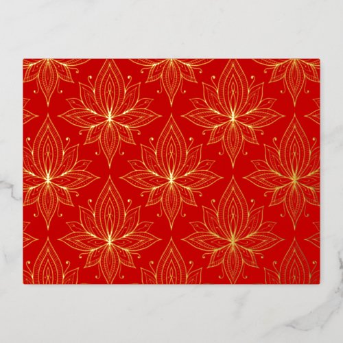 Elegant Red Gold Lotus Flower Foil Holiday Postcard