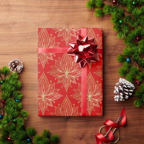 Elegant Red Gold Lotus flower pattern  Wrapping Paper