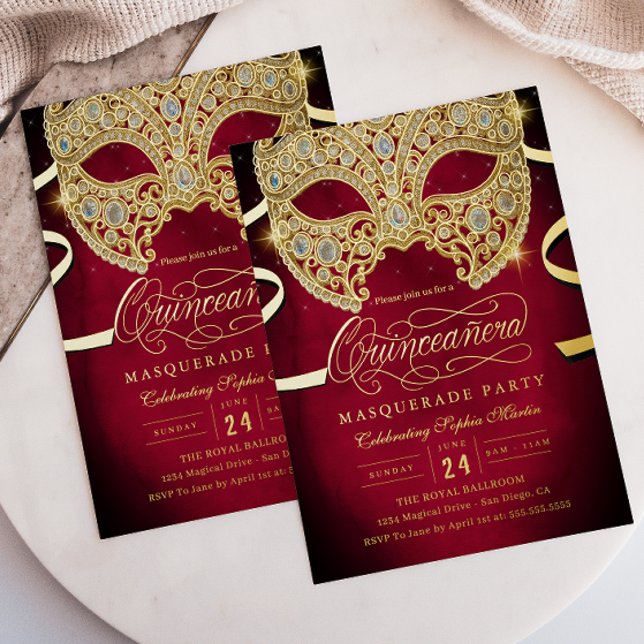 Elegant Red Gold Masquerade Quinceanera Foil Invitation (Creator Uploaded)