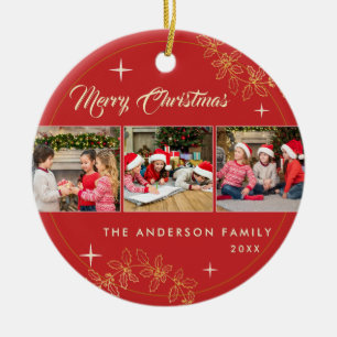 Elegant Red Gold Merry Christmas 3 Photo Collage Ceramic Ornament