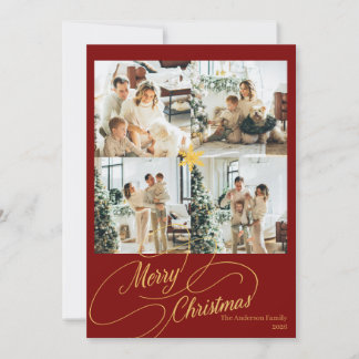 Elegant Red & Gold Merry Christmas Family Photo - Holiday Card