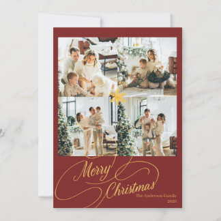 Elegant Red & Gold Merry Christmas Family Photo - Holiday Card