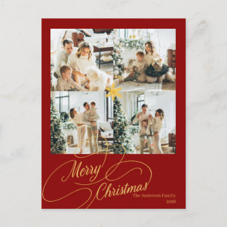 Elegant Red & Gold Merry Christmas Family Photo - Holiday Postcard