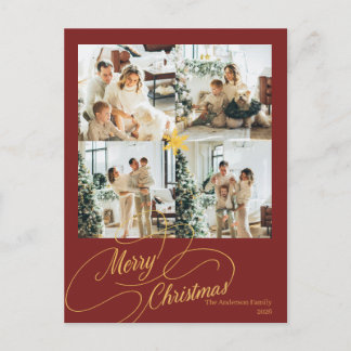 Elegant Red & Gold Merry Christmas Family Photo - Holiday Postcard
