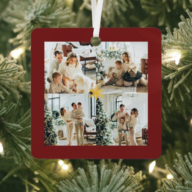 Elegant Red & Gold Merry Christmas Family Photo -  Metal Ornament (Insitu)