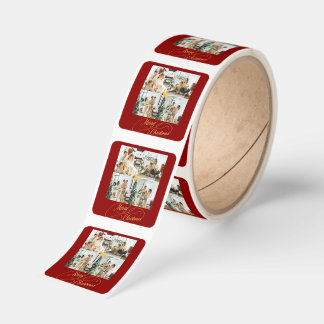 Elegant Red & Gold Merry Christmas Family Photo - Square Sticker