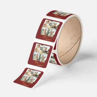 Elegant Red & Gold Merry Christmas Family Photo - Square Sticker