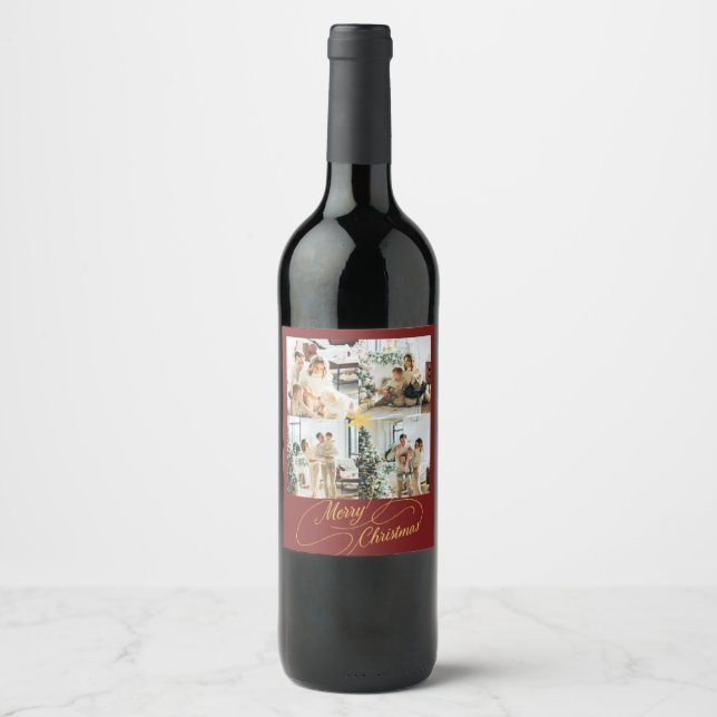 Elegant Red & Gold Merry Christmas Family Photo -  Wine Label (Front)