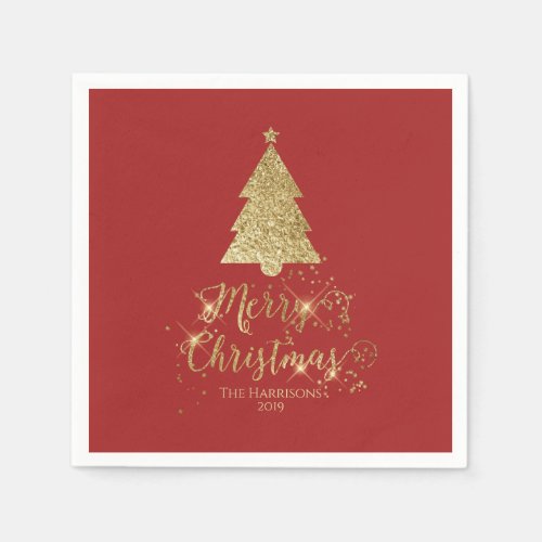 Elegant Red Gold Merry Christmas Sparkle Napkins