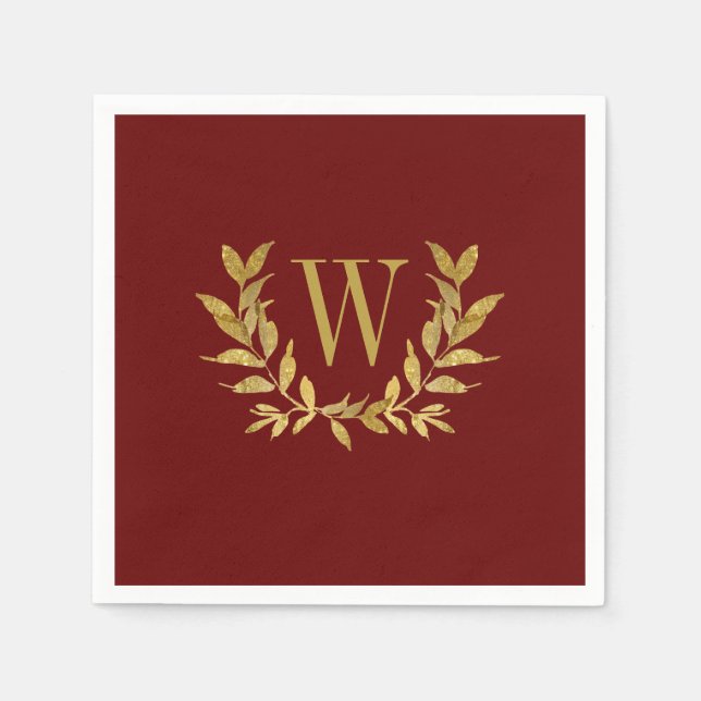 Elegant Red & Gold Modern Monogram Wedding Napkins (Front)
