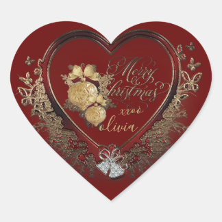 Elegant Red-Gold Modern Victorian Christmas Heart Sticker