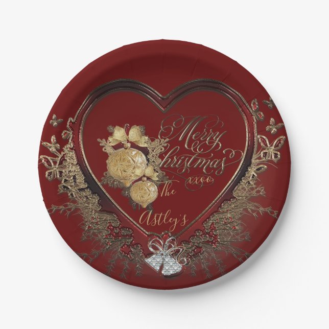 Elegant Red-Gold Modern Victorian Christmas Paper Plates (Front)