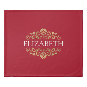 Elegant Red Gold Monogram Name Duvet Cover