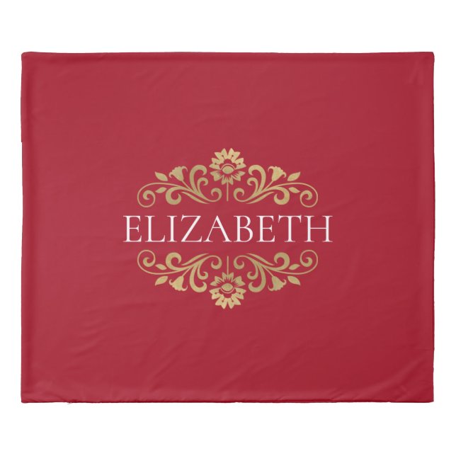 Elegant Red Gold Monogram Name Duvet Cover (Back)