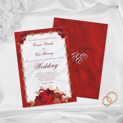 Elegant Red Gold Monogram Roses Formal Wedding Invitation