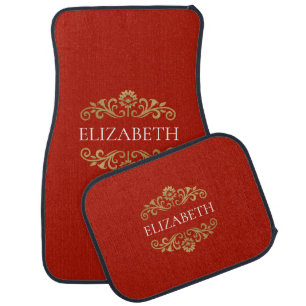 Elegant Red Gold Monogram Set of Car Mats
