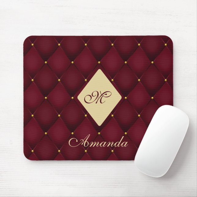 Elegant Red Gold Monogram Tufted Mouse Pad (With Mouse)