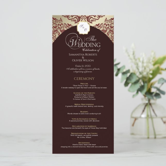 Elegant Red & Gold Monogram Wedding Program (Standing Front)