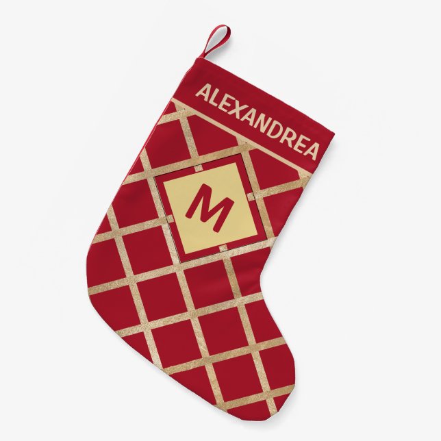 Elegant Red Gold Monogrammed Personalize Small Christmas Stocking (Front (Hanging))