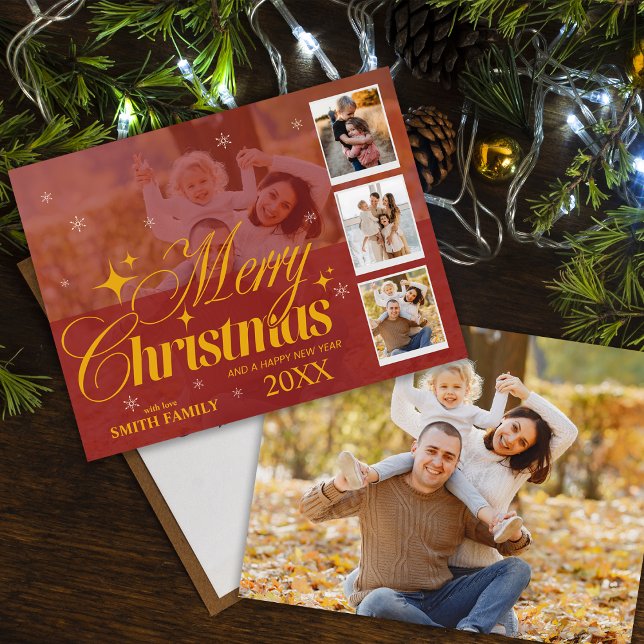 Elegant Red & Gold Multi Photo Classic Christmas Holiday Postcard (Elegant Red & Gold Multi Photo Classic Christmas Holiday Postcard)