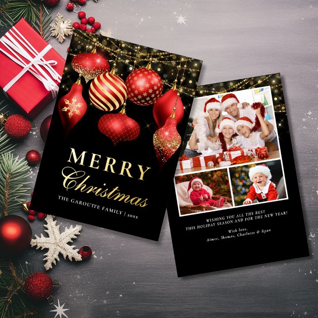 Elegant Red & Gold Ornaments Christmas 3 Photo  Foil Holiday Card (Elegant Red Gold Ornaments Christmas Photo Foil Holiday Card)