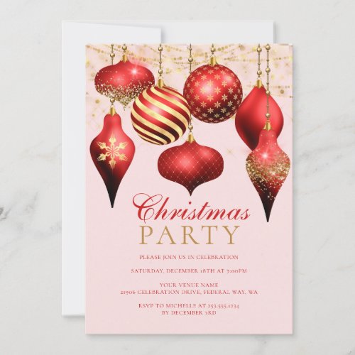 Elegant Red Gold Ornaments Christmas Party Invitation