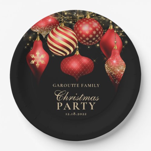 Elegant Red Gold Ornaments Christmas Party Paper Plates