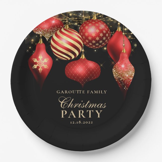Elegant Red Gold Ornaments Christmas Party Paper Plates (Front)