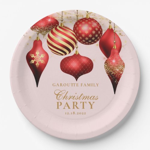 Elegant Red Gold Ornaments Christmas Party Paper Plates