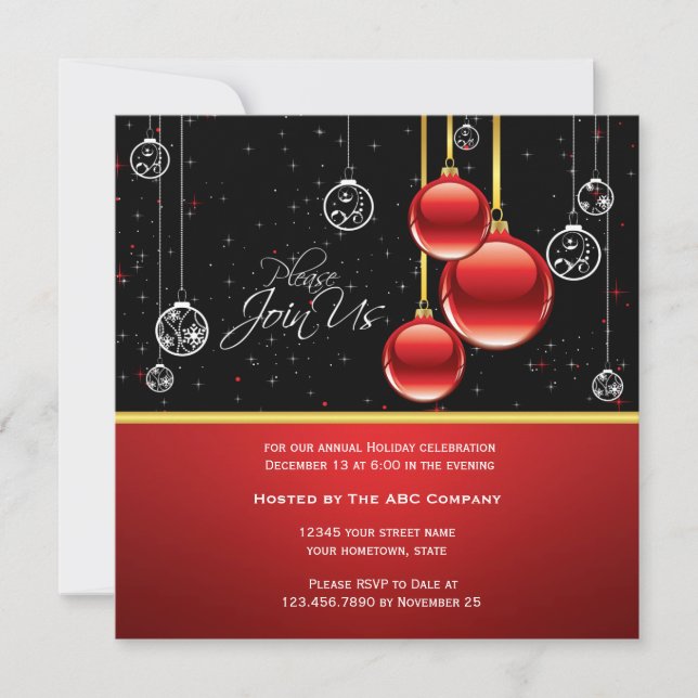 Elegant Red Gold Ornaments on Black Party Invite (Front)
