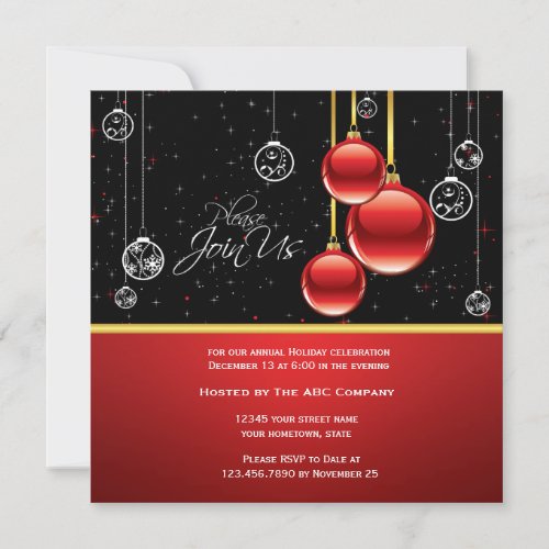 Elegant Red Gold Ornaments on Black Party Invite