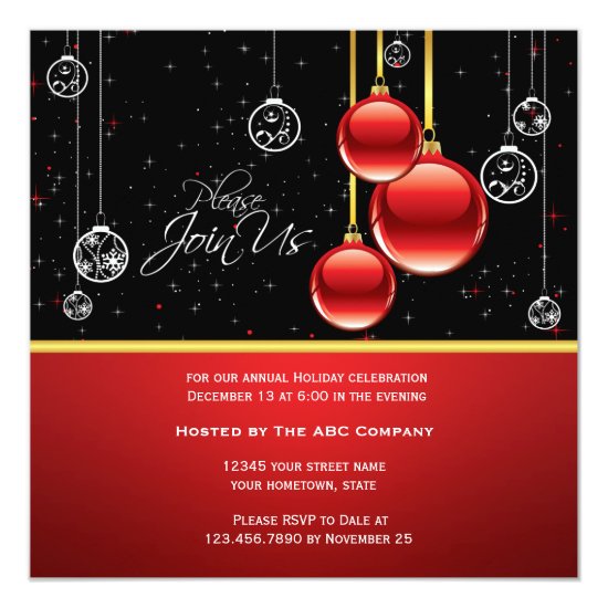 Elegant Red Gold Ornaments on Black Party Invite