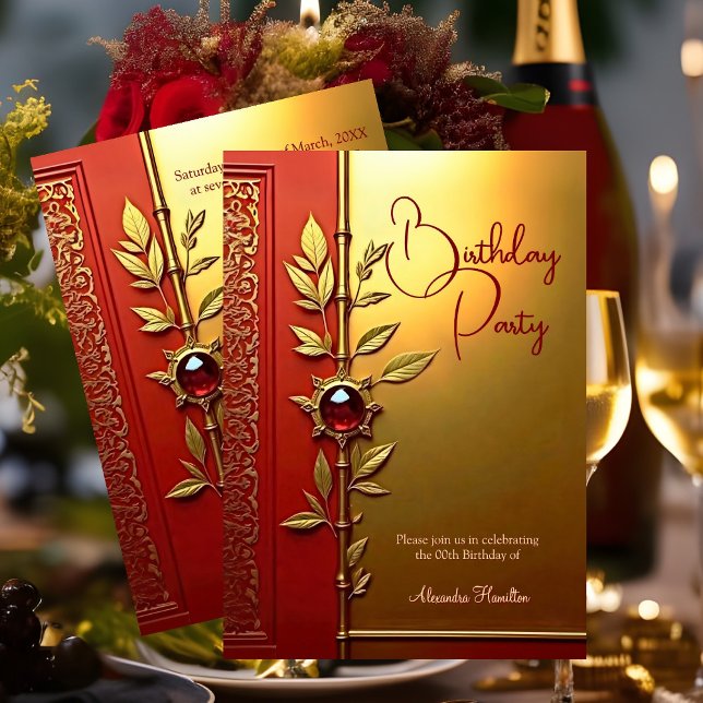 Elegant Red Gold Ornate Birthday Party Invitation (Creator Uploaded)