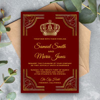 Elegant Red Gold Ornate Crown Wedding Invitation