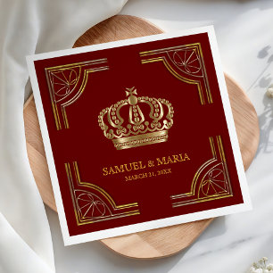 Elegant Red Gold Ornate Crown Wedding Napkins