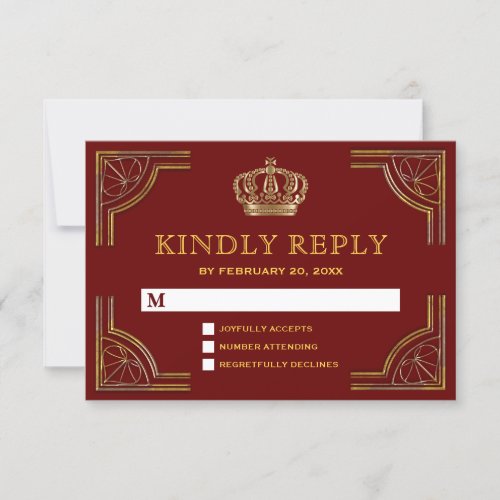 Elegant Red Gold Ornate Crown Wedding RSVP