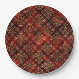 Elegant Red Gold Pattern Christmas Paper Plates
