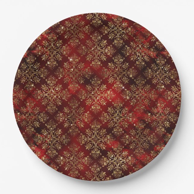 Elegant Red Gold Pattern Christmas Paper Plates (Front)