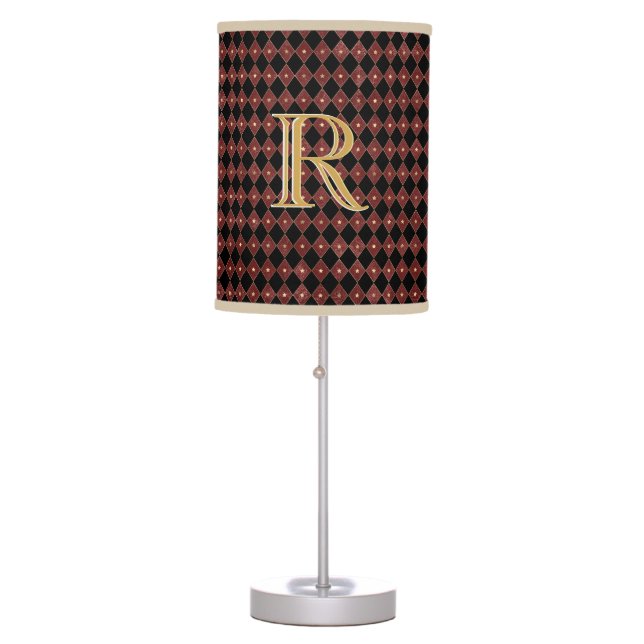 Elegant Red & Gold Pattern Custom Monogram Accent  Table Lamp (Front)