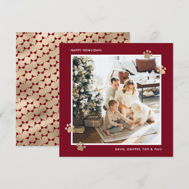 Elegant Red Gold Paw Photo Happy Howlidays Holiday Card (Front/Back)