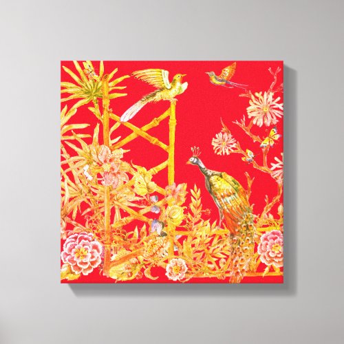 Elegant Red Gold Peacock Floral Asian Chinoiserie Canvas Print