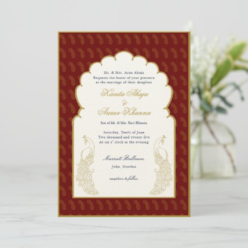 Elegant Red  Gold Peacock Indian wedding Invitation