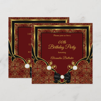 Elegant Red Gold Pearl Black Bow Birthday Party Invitation