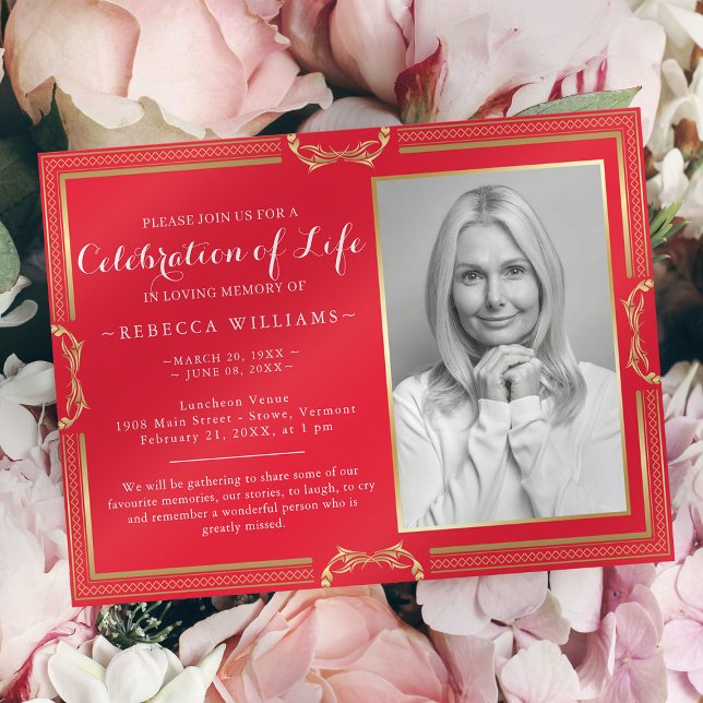 Elegant Red Gold Photo Celebration of life Invitation (Creator Uploaded)